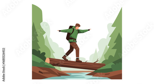 Adventurous Walker Bravely Crossing Log Bridge Amidst Lush Forest And Water