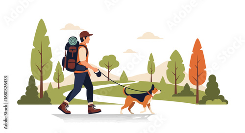 Adventurous Walker And Canidae Companion Embarking On A Journey Through Nature