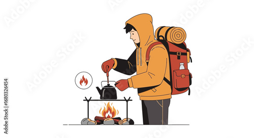 Adventurous Camper Preparing Hot Drink, Camping, Outdoor, Vector Illustration Scene