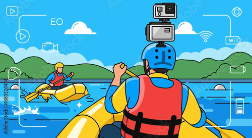 Adventurous Watersport Rafting With Action Cameras Capturing The Exciting Moment