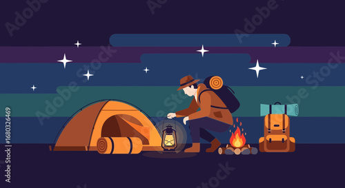 Adventurous Camper Preparing His Camp Under The Beautiful Night Sky With Stars