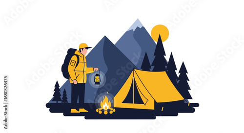 Adventurous Camping Illustration Featuring Hiker Illuminated By Lantern Near Bonfire