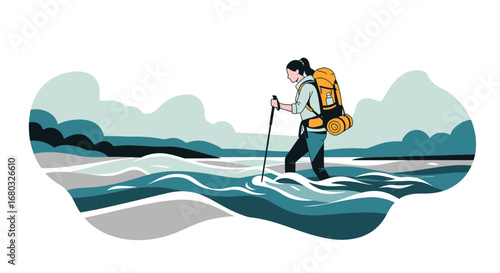 Adventurous Woman Hiking Through a River with A Backpack, Trekking Pole