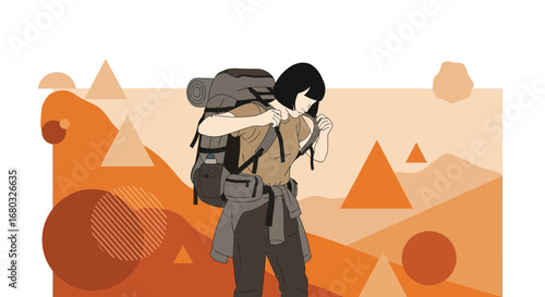 Adventurous Woman Prepares For Mountain Hike With Backpack And Outdoor Gear Illustration
