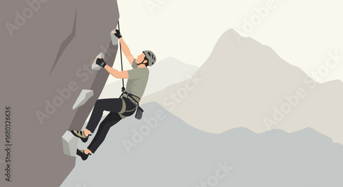 Adventurous Climber Ascending a Rocky Cliff Face with Mountainous Landscape Background