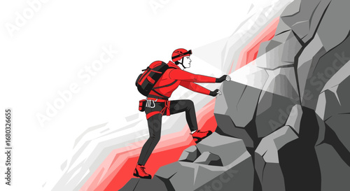 Adventurous Climber Ascending A Rocky Mountain Peak, Reaching Skyward, Vector Art