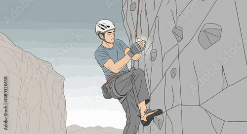Adventurous Climber Ascending a Rocky Cliff in Outdoor Setting for Exploration