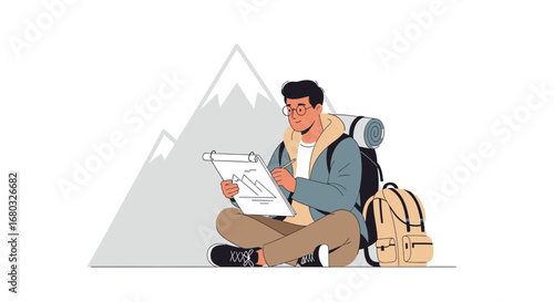 Adventurous Young Man Sketching A Mountainous Landscape With Backpack Equipment