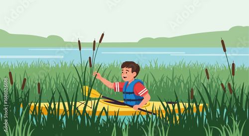 Adventurous Youngster Paddling Kayak Amidst Lakeside Reeds and Embracing Nature