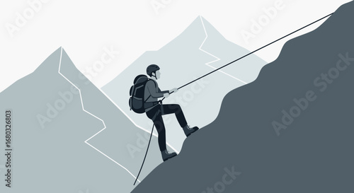 Adventurous Climber Ascending Mountain, Using Equipment and Rope for a Challenging Ascent