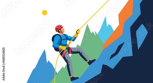 Adventurous Climber Ascending Mountain, Facing Challenges With Courage And Determination