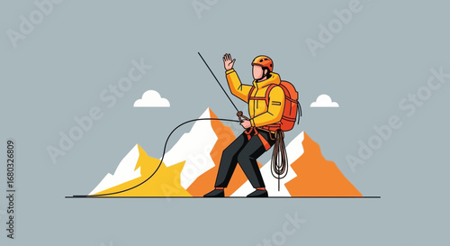 Adventurous Climber Ascending Mountain, Waving Hands and Achieving New Heights