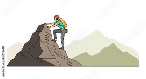 Adventurous Climber Ascending Rock Face Toward Majestic Peaks Illustrating Bravery Challenge and