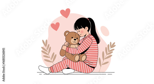 Affectionate Girl With Her Plush Toy Embracing Love And Pure Childhood Delight