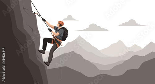 Adventurous Climber Ascending Rocky Cliff Face, Overlooking Mountain Range in the Distance