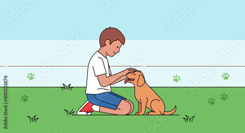 Affectionate Interaction Depicting A Child Petting A Friendly, Animated Cartoon Dog
