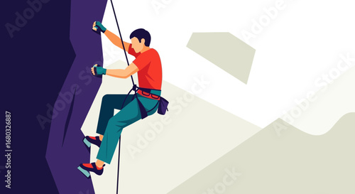 Adventurous Climber Ascending Rocky Terrain Against Serene Background for Outdoor Activities