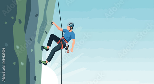 Adventurous Climber Ascends A Rugged Rock Face Against An Expansive Azure Sky