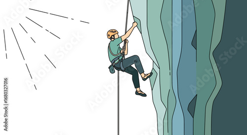 Ambitious Climber Scaling Textured Cliff, Embracing Thrilling Adventure, Reaching Heights