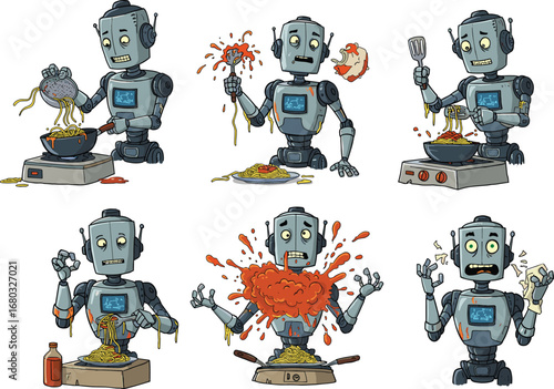 Funny robot cooking spaghetti cartoon set, kitchen chaos with robot chef, humorous culinary mishaps, futuristic cooking, artificial intelligence humor.