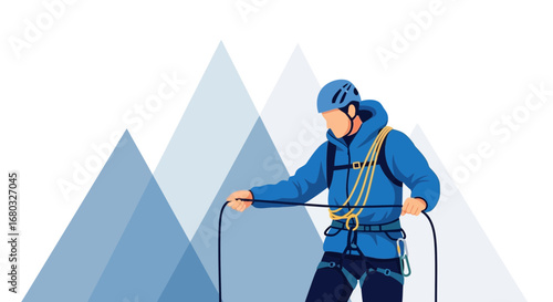 Adventurous Climber Ascends Mountain Using Safety Harness and Rope in Vector Illustration