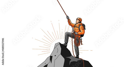 Alpinist Climbing Toward The Summit With Courage And Determination Towards Success