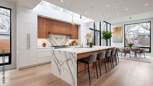 Wallpaper Mural Modern kitchen interior design with large island and natural light featuring elegant marble countertops and wooden accents Torontodigital.ca