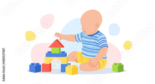 An Adorable Baby Building with Colorful Blocks on a White Background