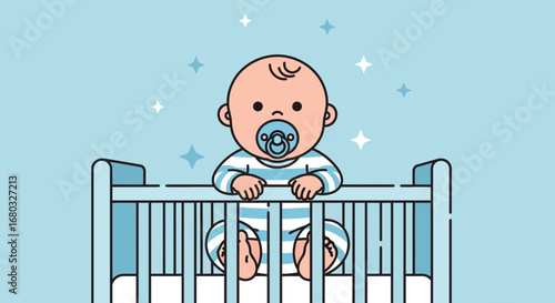An adorable baby with a pacifier in a crib, a vector illustration, blue background