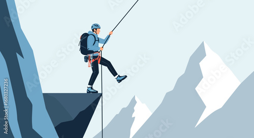 Adventurous Climber Descending a Cliff Face, Illustrating Overcoming Challenges with Determination