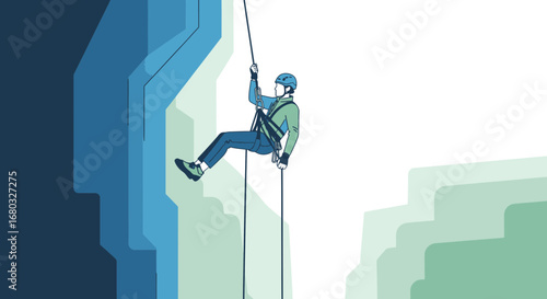 Adventurous Climber Descending a Cliffside Using Ropes and Safety Gear with a Unique Design