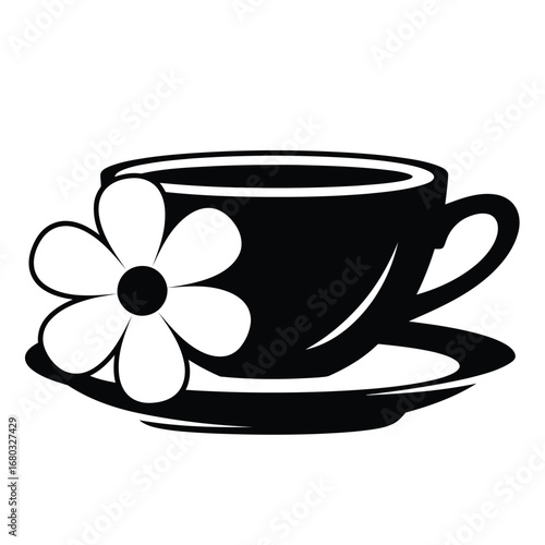 Vector art of black and white illustration of a coffee cup with a flower on a saucer
