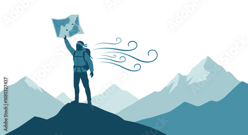 An adventurous hiker conquering the mountains using a map for navigation and direction
