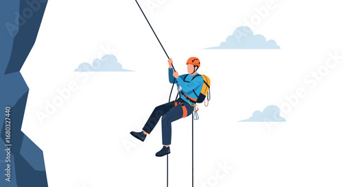 Adventurous Climber Descends A Rocky Cliff Face Using Ropes and Safety Gear Effortlessly