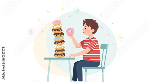 An Artistic Depiction Of A Boy Stacking And Admiring Colorful Delicious Donuts