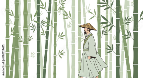 An Asian Illustration of Man Walking in a Bamboo Forest Peaceful Serene Illustration