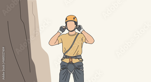 Adventurous Climber Preparing For Ascent Adjusting Helmet With Rock Wall Backdrop
