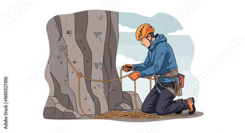 Adventurous Climber Preparing For His Ascent On A Vertical Rock Wall Adventure