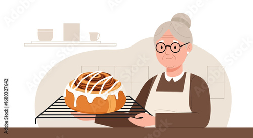 An Elderly Baker Holding a Delicious Cinnamon Roll Freshly Made for Homemade Treats