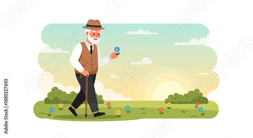 An Elderly Gentleman Enjoys A Peaceful Walk Through A Floral Meadow At Sunset