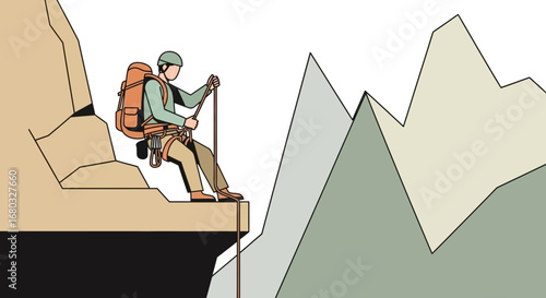 Adventurous Climber Preparing To Descend A Cliff Face With Serene Mountain Backdrop