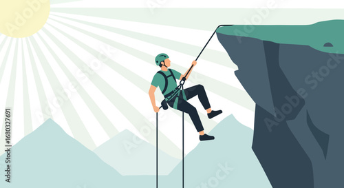 Adventurous Climber Rappelling Down A Mountain Cliff Under The Bright Sky