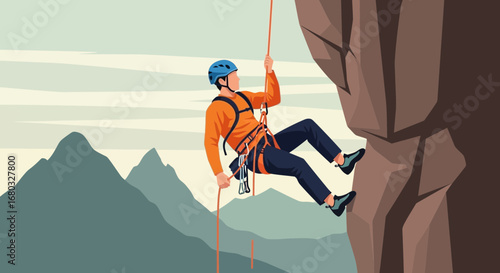 Adventurous Climber Scaling a Rocky Cliff With Ropes, Illustrative Depiction Outdoors