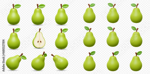 A collection of fresh green pears, including whole fruits and one cut in half, presented from various angles on a transparent background.