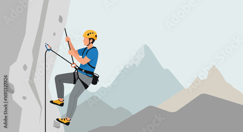 Adventurous Climber Scaling A Rocky Cliffside With Mountainous Backdrop Scene