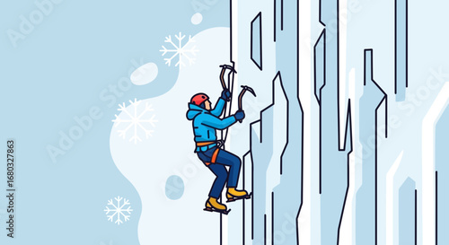 Adventurous Climber Scaling Ice Wall Amidst Snowflakes in A Cool Winter Scenario