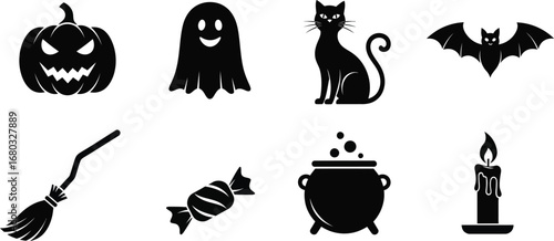 Halloween icons featuring pumpkin, ghost, cat, bat, broom, candy, cauldron, and candle in black silhouette