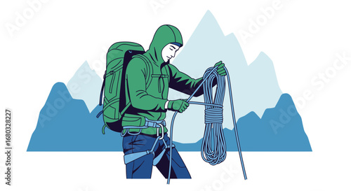 An illustration of a climber preparing equipment before an adventure in mountains