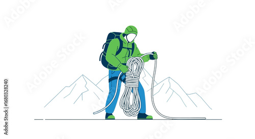 An illustration of a climber with rope and backpack getting ready for sport activity