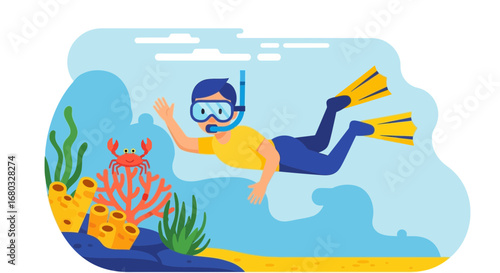 Adventurous Diver Exploring Underwater World Surrounded by Exotic Flora and Marine Life